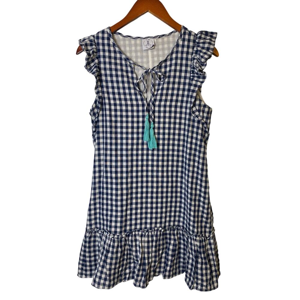 Country Gingham Cottage Coquette Ella Gray Blue Gingham Mini Dress Size Medium